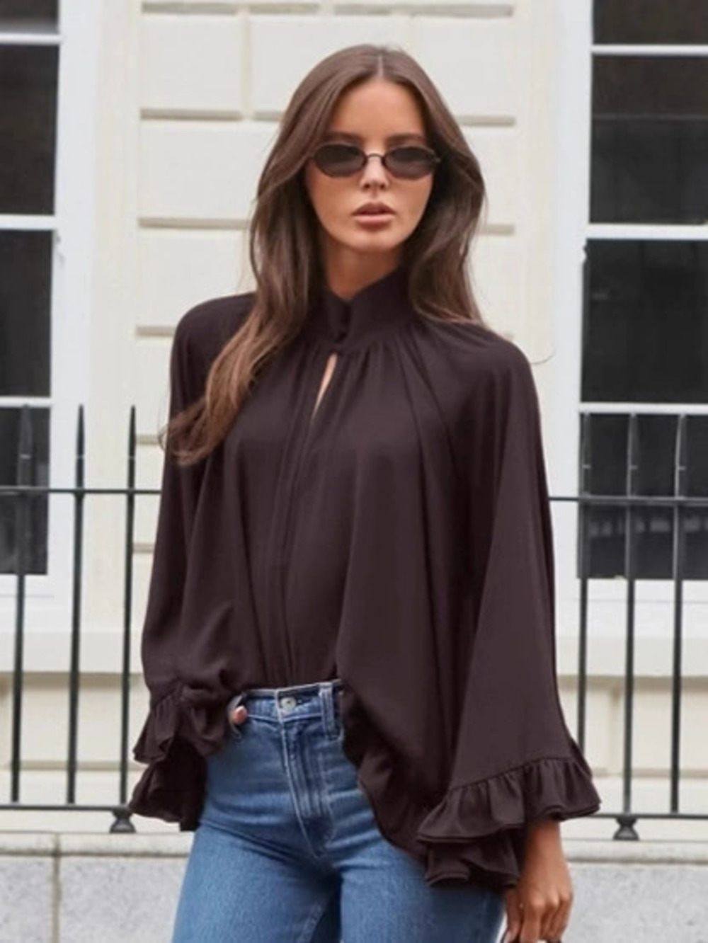 Forever 21 Retro Brown Loose Blouse with Stand Collar and Ruffle Trim Fall